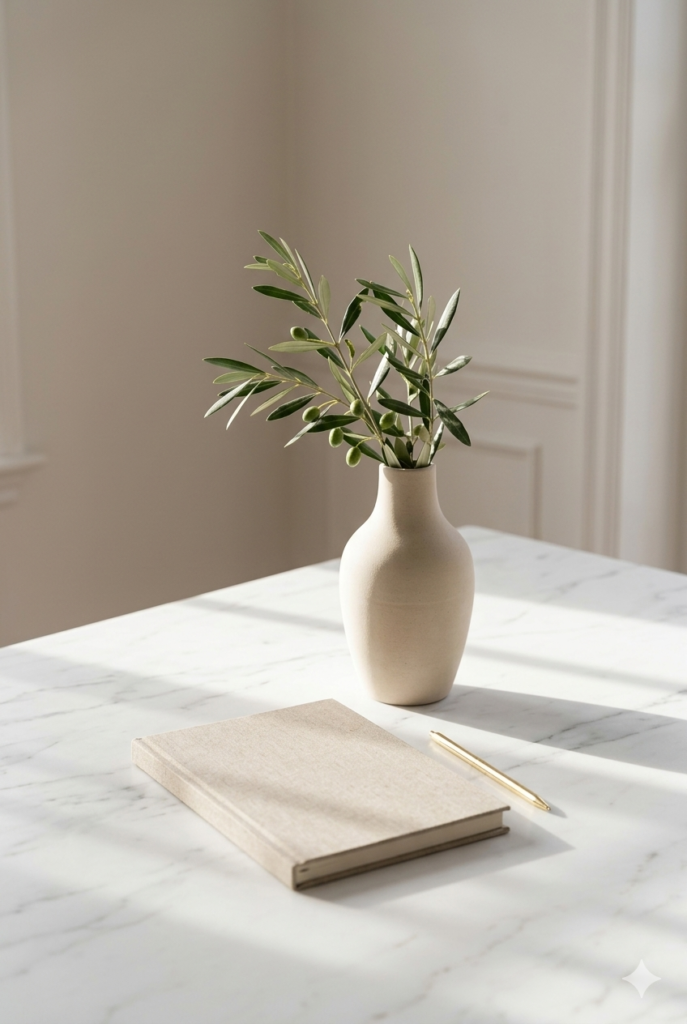 Minimalist home office setup with natural sunlight and aesthetic decor, Veplat urban rental interior design contact page.