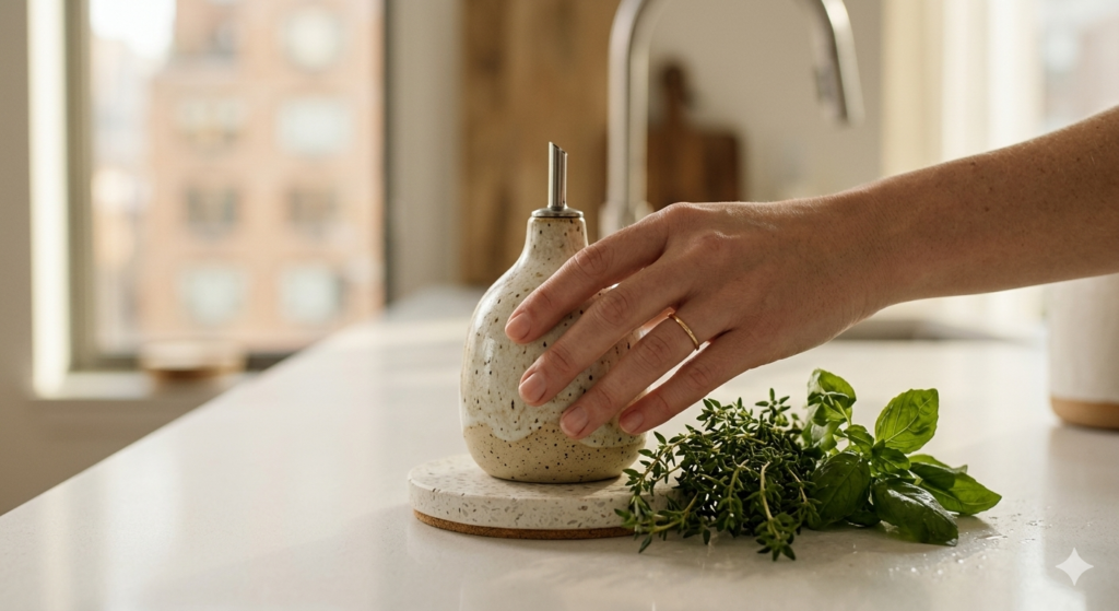 A minimalist hand-crafted ceramic oil dispenser on a kitchen counter with fresh herbs, urban rental decor aesthetic.