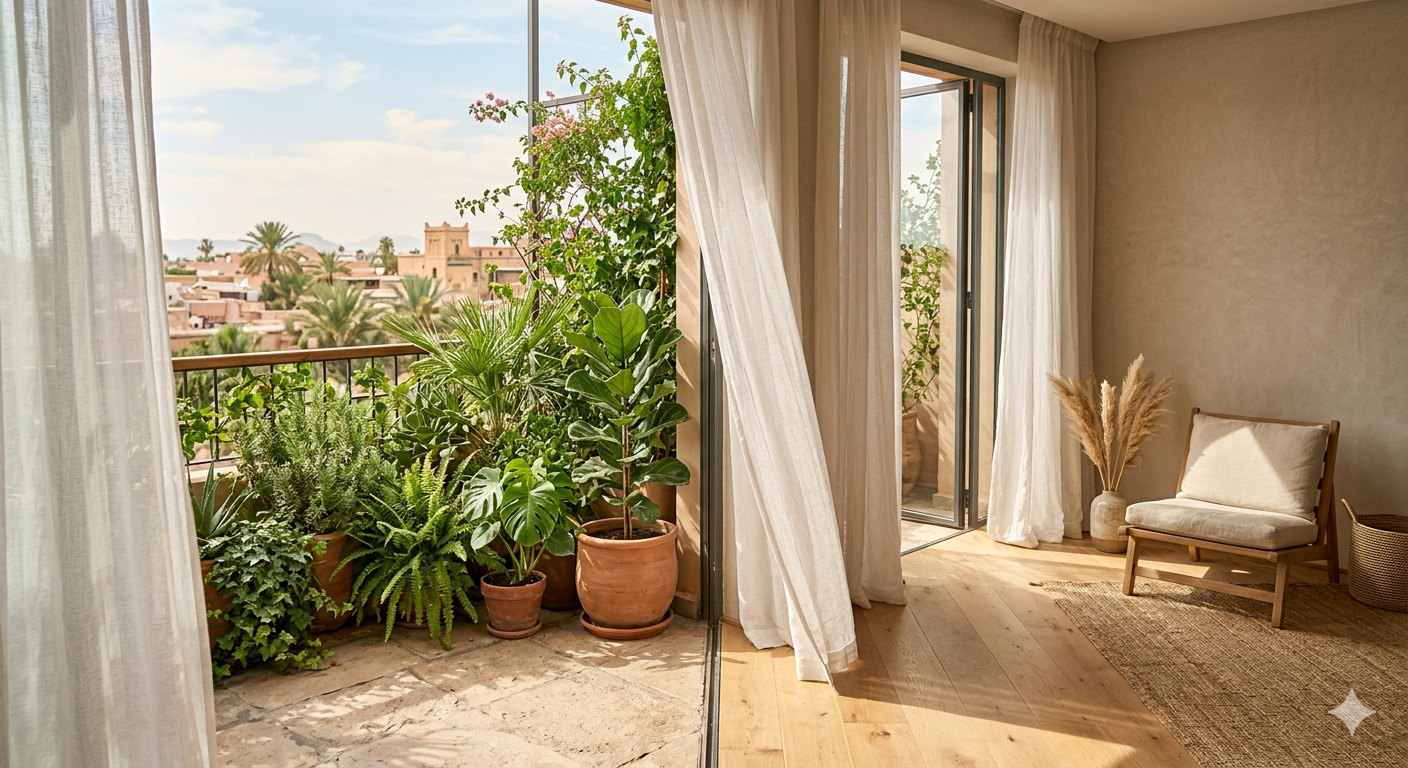 Rental apartment demonstrating biophilic design interior design ideas — indoor plants by the window, warm amber lighting, and natural linen textiles