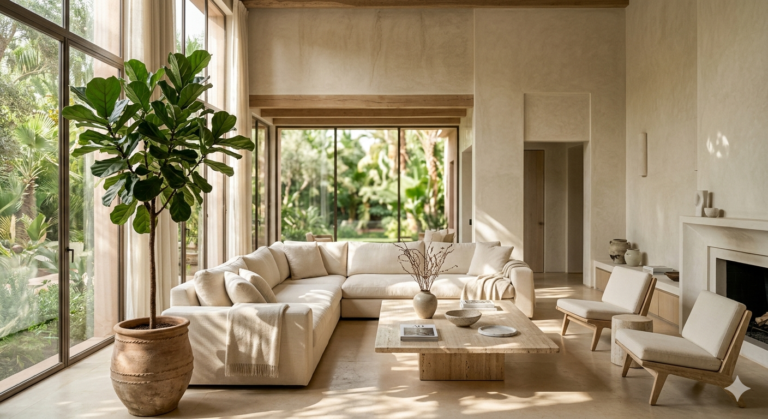 Bright living room showcasing biophilic design interior design with a Ficus lyrata and natural light