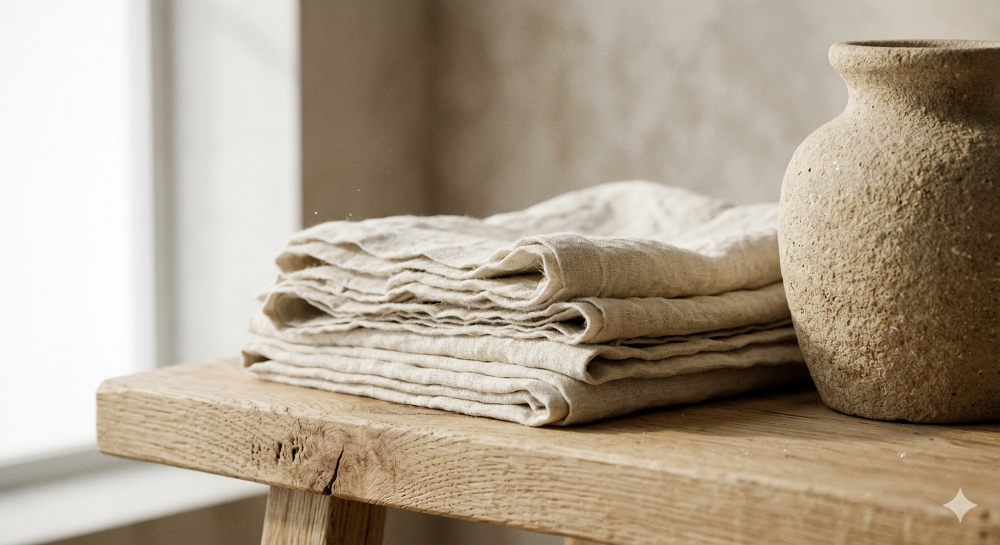 Natural materials used in biophilic design interior design — raw linen, travertine stone, and rattan weave on a warm white surface