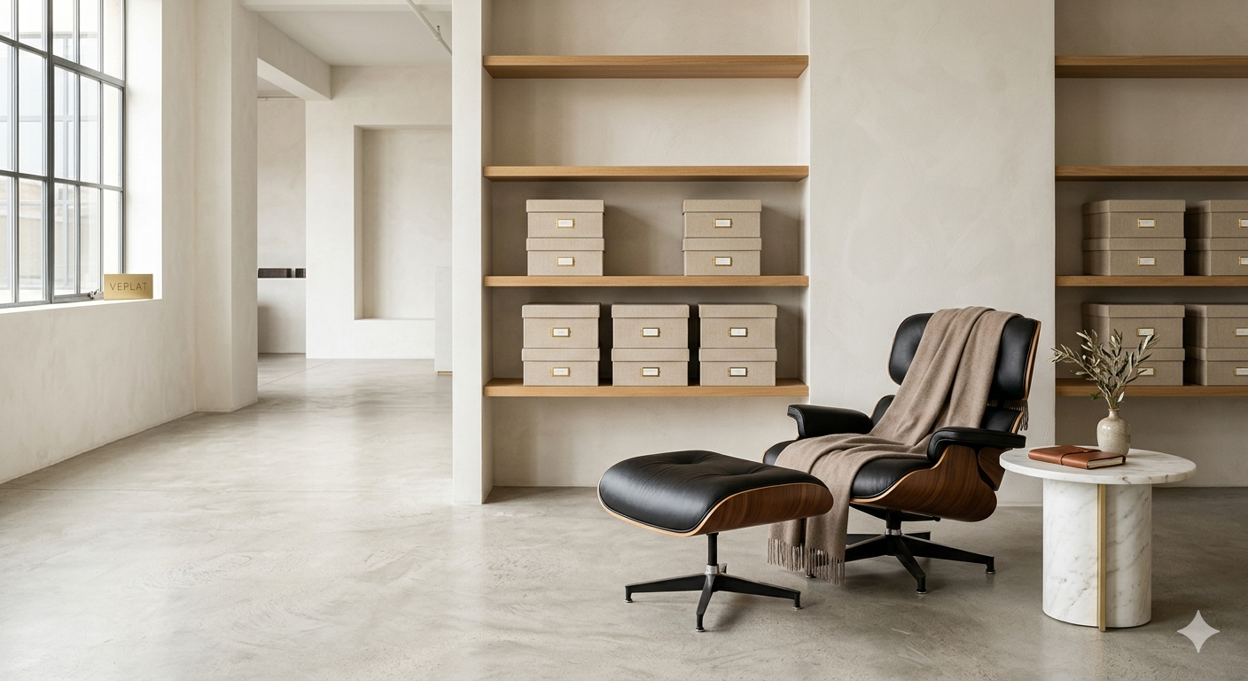 A curated, minimalist view of a climate-controlled CubeSmart Self Storage facility, featuring an Eames lounge chair and VEPLAT branding.