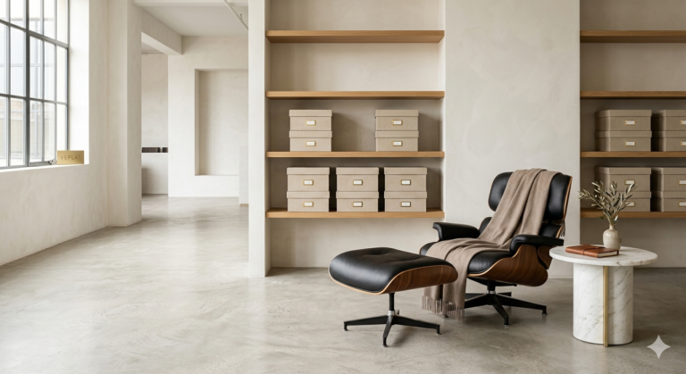A luxury minimalist CubeSmart Self Storage unit curated by VEPLAT, featuring an Eames lounge chair and organized linen boxes.