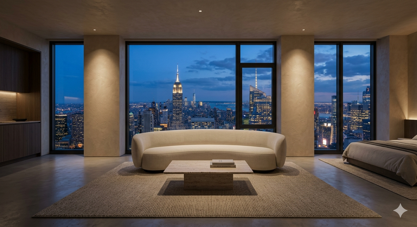 Minimalist luxury NYC apartment with skyline view—reclaimed space using CubeSmart self storage NYC