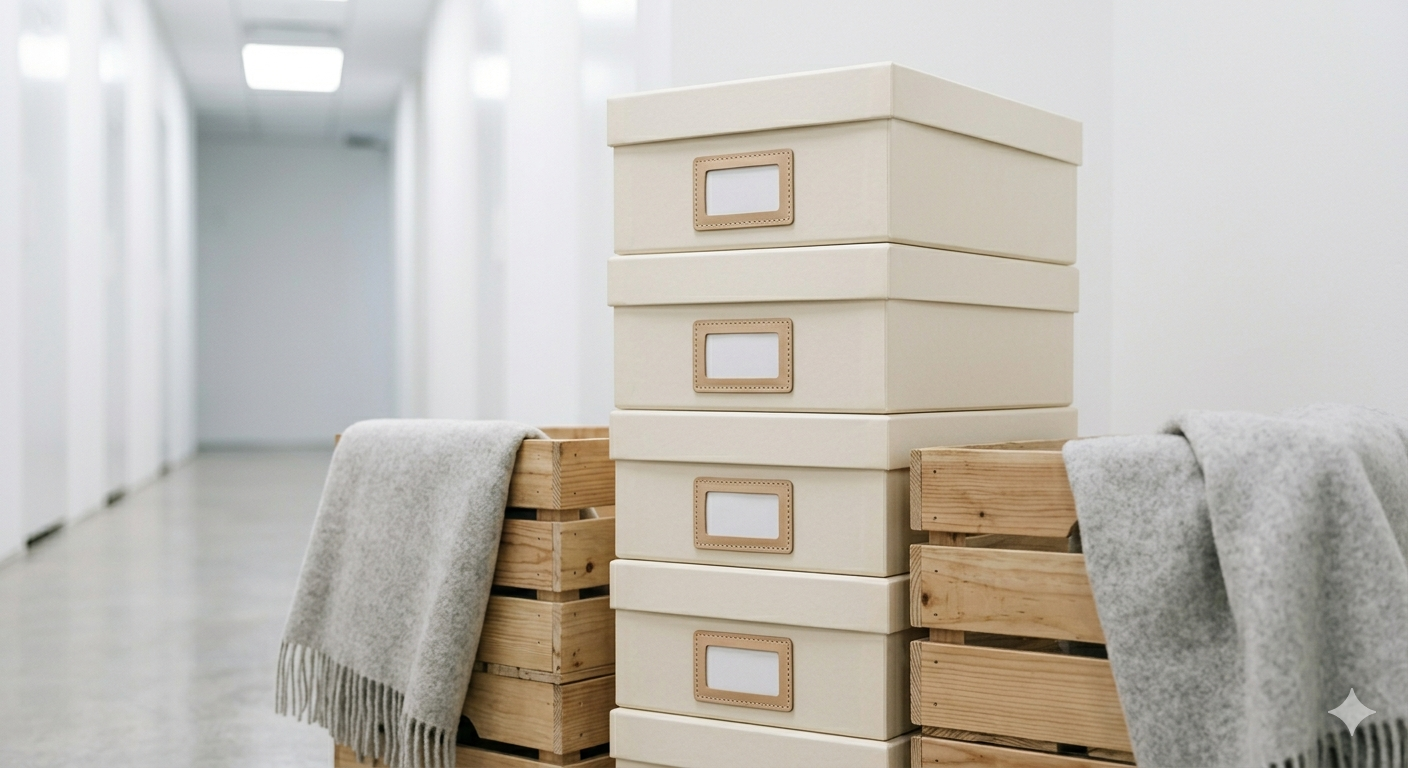 Professional organization at Self Storage CubeSmart 2026 featuring uniform ivory bins and minimalist labeling systems.