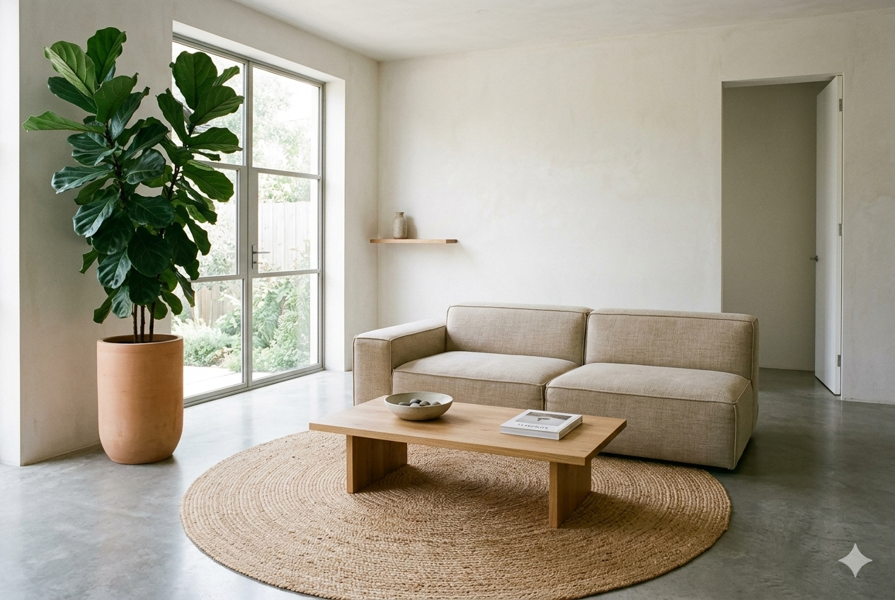 Living room arranged using feng shui interior design rules — command position sofa facing the entry, clear floor paths, and balanced elemental materials