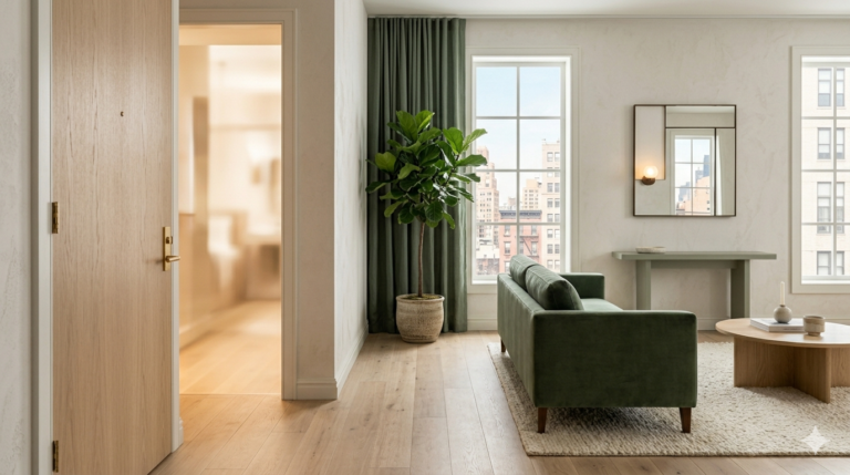 A luxury minimalist apartment entryway illustrating front door feng shui small living room layout with a sofa in the command position and natural lighting.