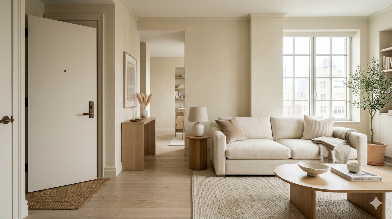 Front door feng shui small living room layout — minimalist NYC rental entryway, warm neutral palette, open floor plane, command position sofa