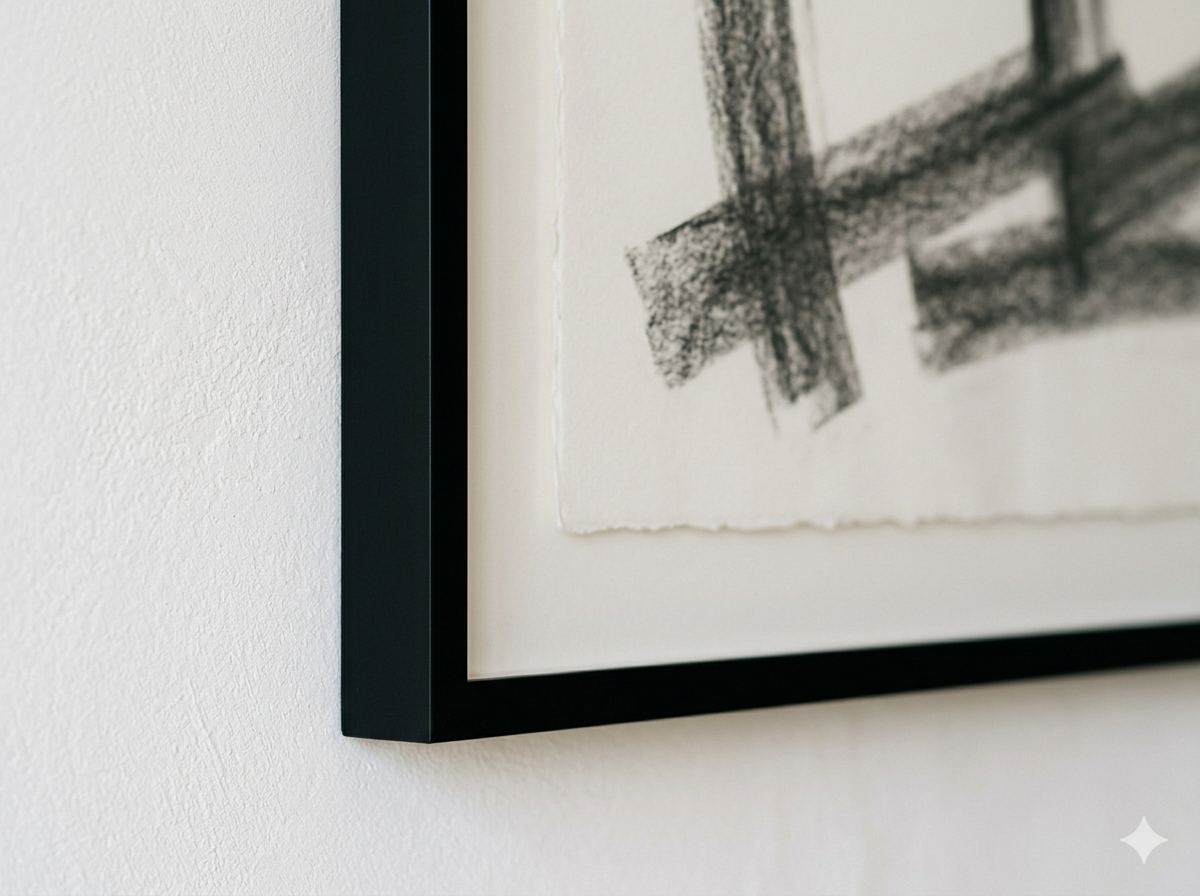 Black molding ideas — close-up detail of matte black architrave against white plaster wall showing white walls with black trim precision and texture