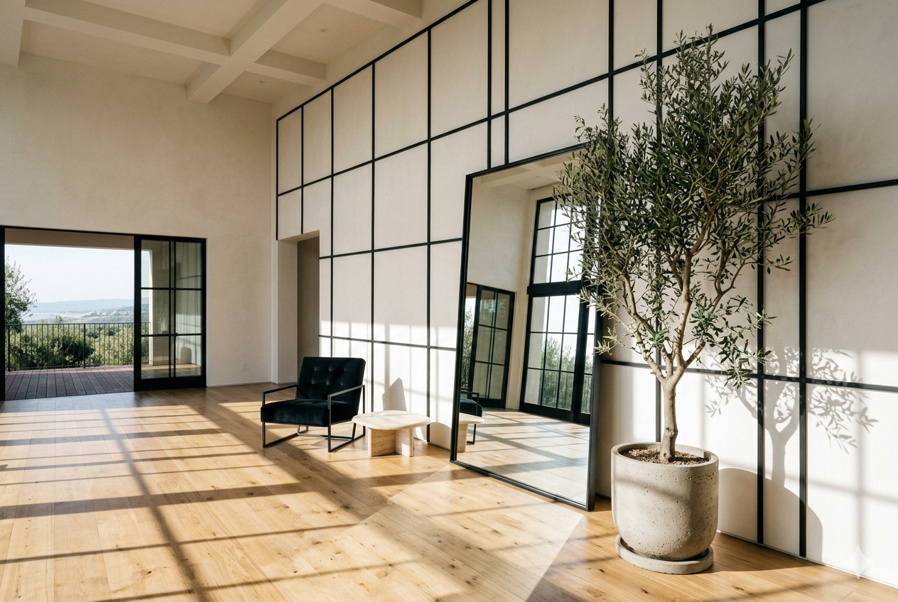 Black frame wall design grid — architectural composition of white walls with black trim showing frame hierarchy, molding placement and modern interior contrast across a full room layout
