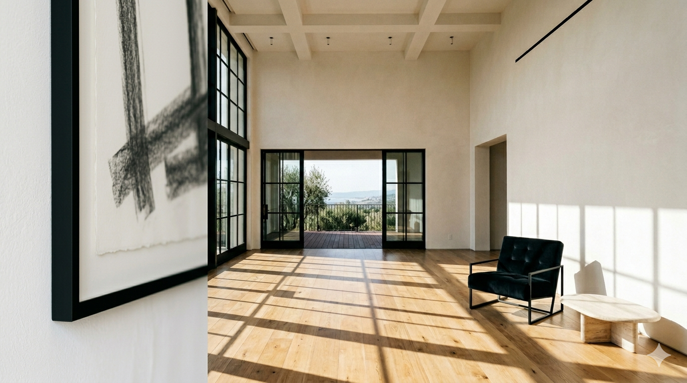 White walls with black trim — lifestyle interior showing matte black molding, gallery frames and warm natural materials in a minimal rental apartment