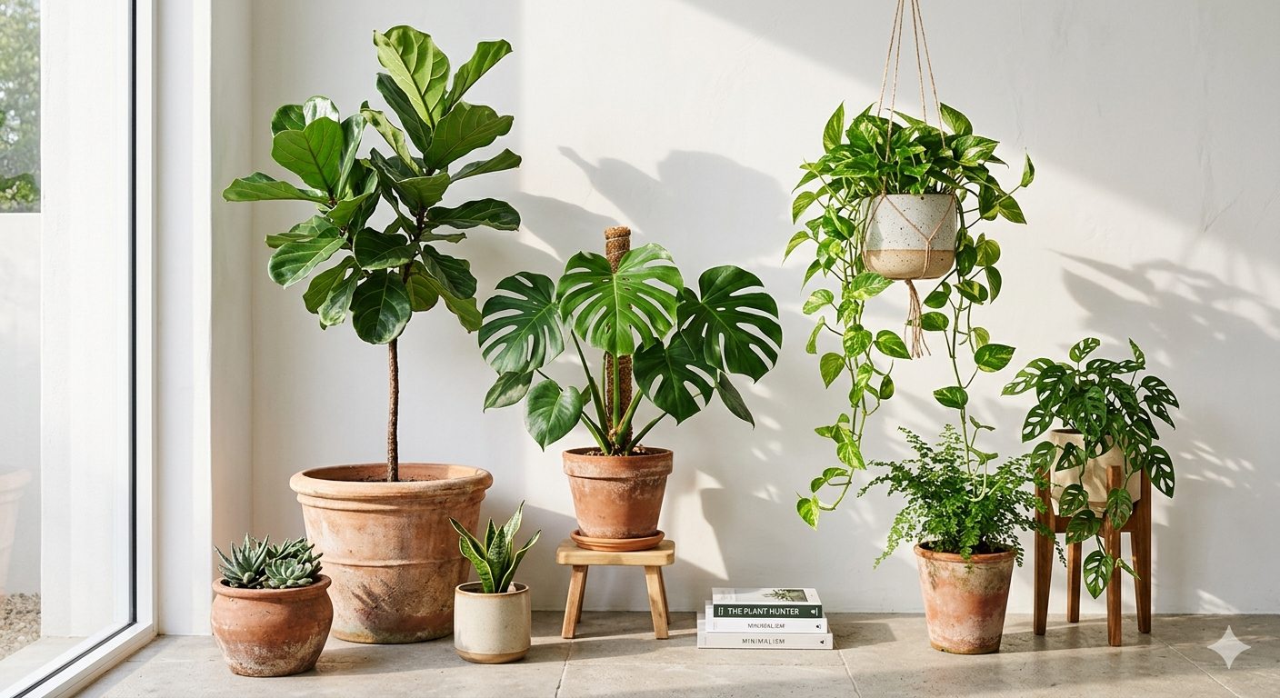 Best indoor plants for biophilic design interior design — Ficus lyrata Fiddle Leaf Fig, Monstera deliciosa, and trailing Pothos in a natural light apartment