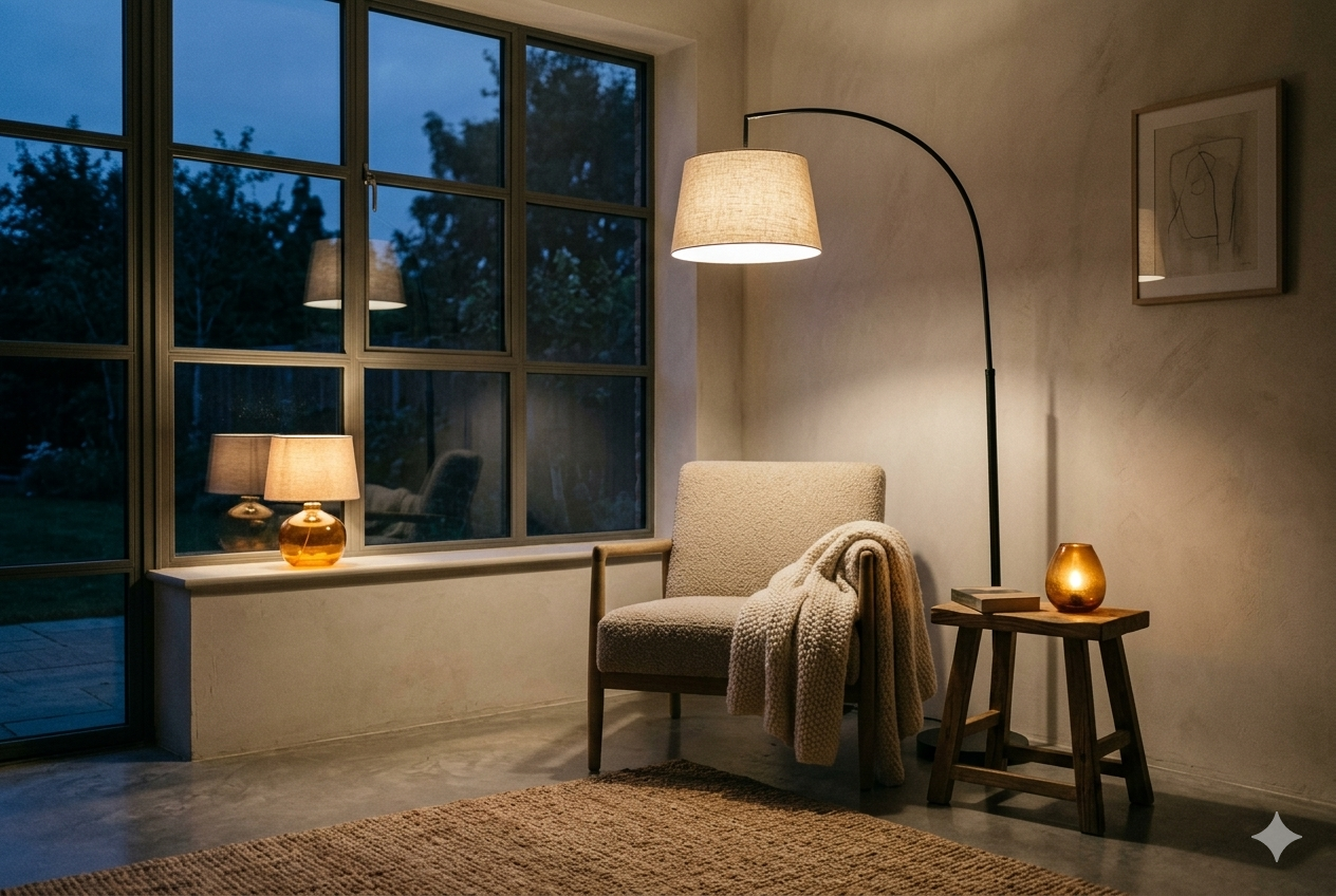 Layered lighting in a feng shui interior design setting — floor lamp, wall sconce, and candlelight creating balanced Yang energy across multiple heights