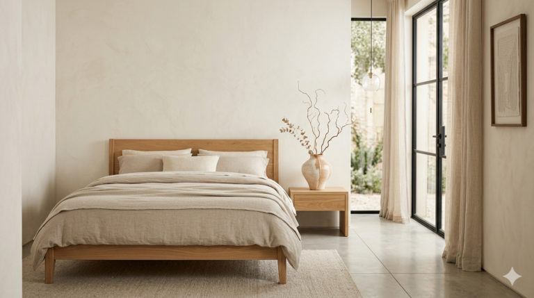 A serene, minimalist bedroom applying core feng shui interior design rules for balance.