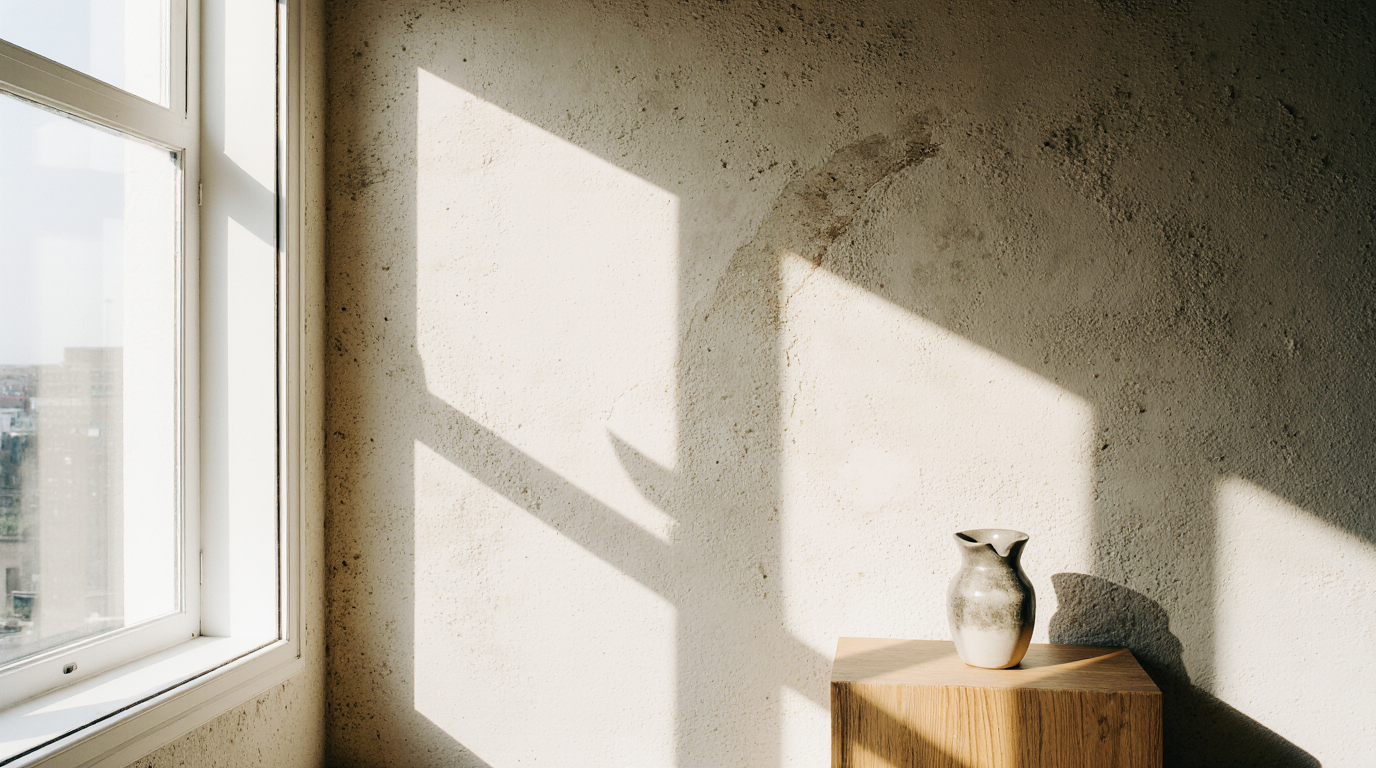 Minimalist interior design featuring a raw plaster wall with dramatic window shadows.