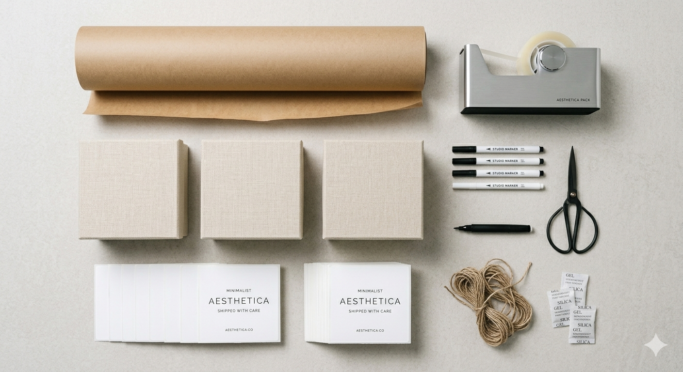 Self Storage CubeSmart 2026 packing essentials featuring minimalist kraft paper, aesthetic labels, and professional tools.