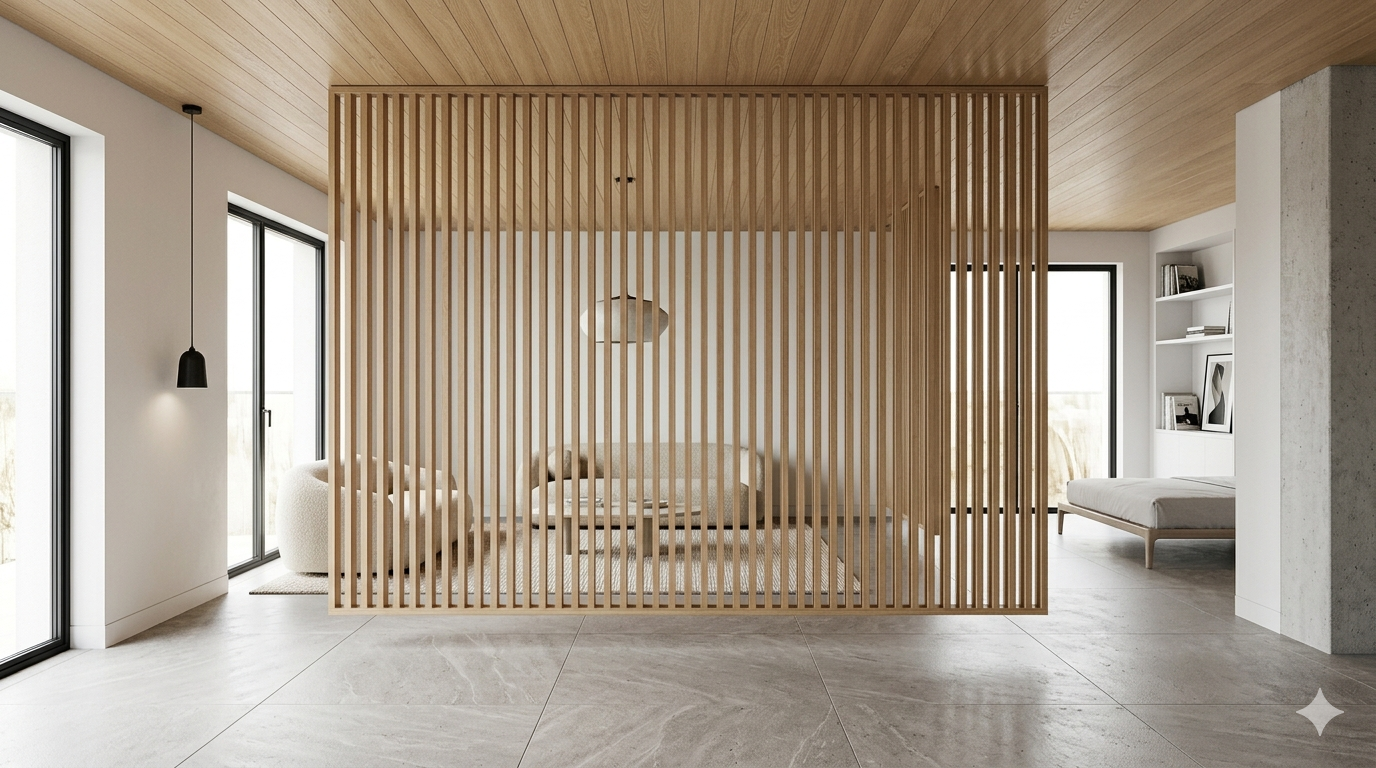 Wide angle interior shot of a minimalist luxury studio with a suspended vertical wood slat partition.