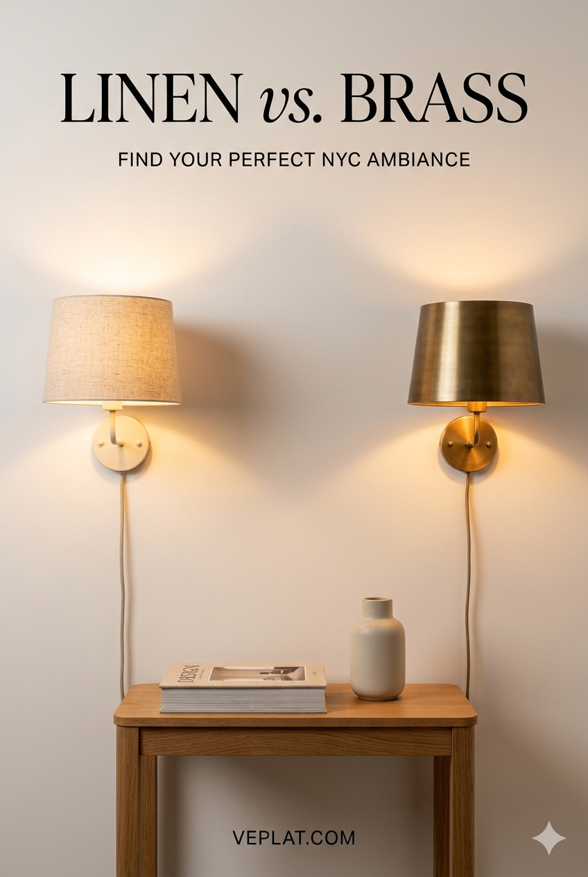 Renter-friendly lighting NYC comparison — linen drum shade sconce versus exposed brass arm sconce side by side in minimalist apartment