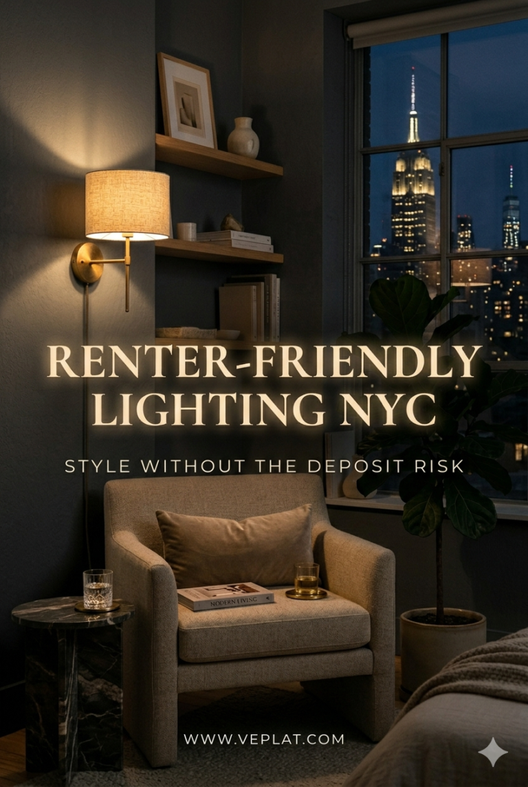 Best renter-friendly lighting NYC setup in a minimalist studio apartment with a brass plug-in wall sconce.
