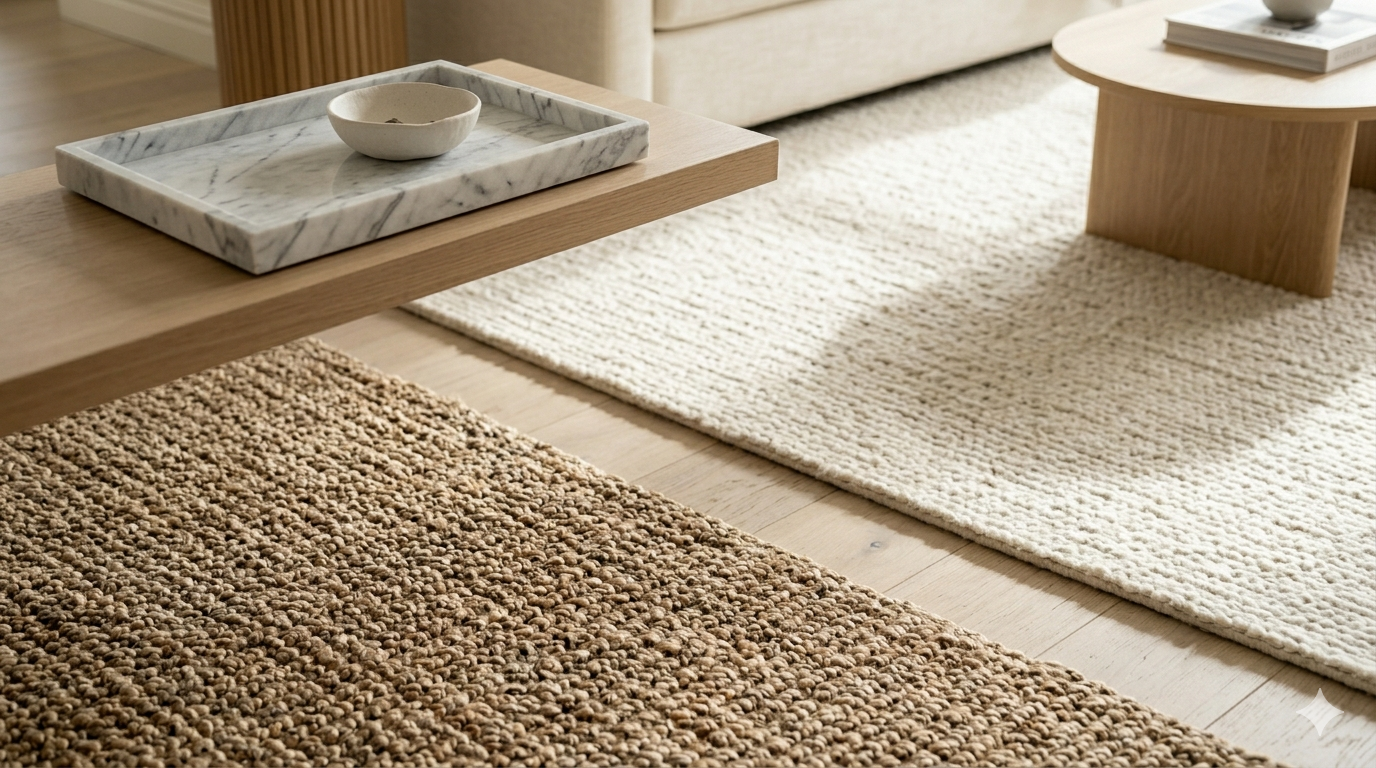 Jute runner defining the feng shui entry zone near the front door — small living room layout, natural fibre rug threshold, spatial separation, NYC rental apartment interior