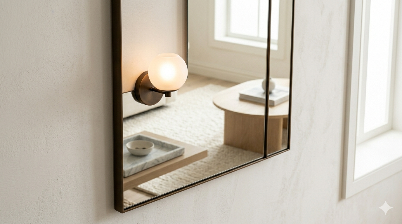 Lean mirror positioned perpendicular to the front door — feng shui small living room layout for chi flow and visual expansion, minimalist apartment interior, warm neutral tones