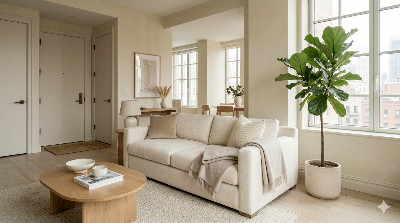 Sofa in the feng shui command position facing the front door diagonally — small living room layout, minimalist NYC rental apartment, warm linen palette, open floor circulation