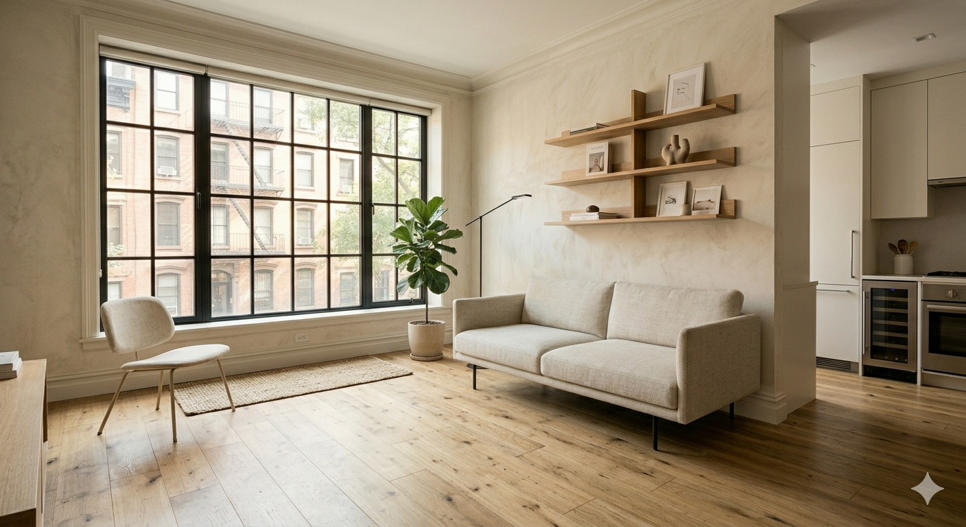 Panoramic view of a minimalist NYC studio layout featuring smart small NYC living room ideas - VEPLAT
