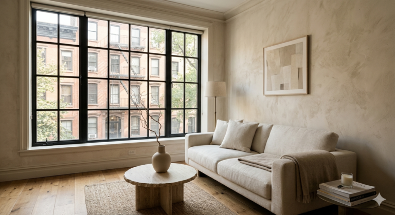 Minimalist New York City living room with warm plaster walls, off-white linen sofa, and travertine coffee table near a large window.