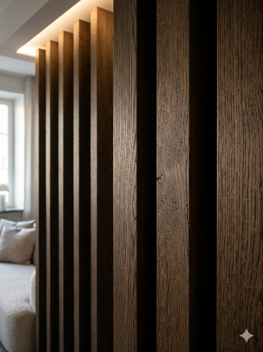 Close-up of vertical smoked oak wood slats with warm recessed ceiling lighting.