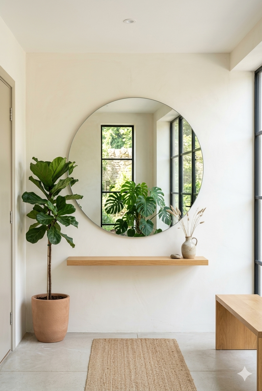 Strategic mirror placement in a feng shui interior design bedroom — mirror angled toward a wardrobe, not reflecting the bed, to preserve Yin energy during sleep