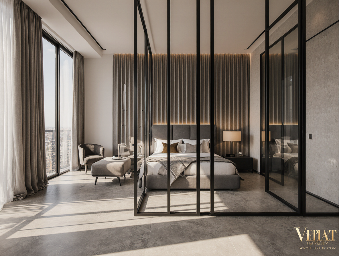 Luxury modern bedroom with black frame glass partition and city view, VEPLAT minimalist interior design.