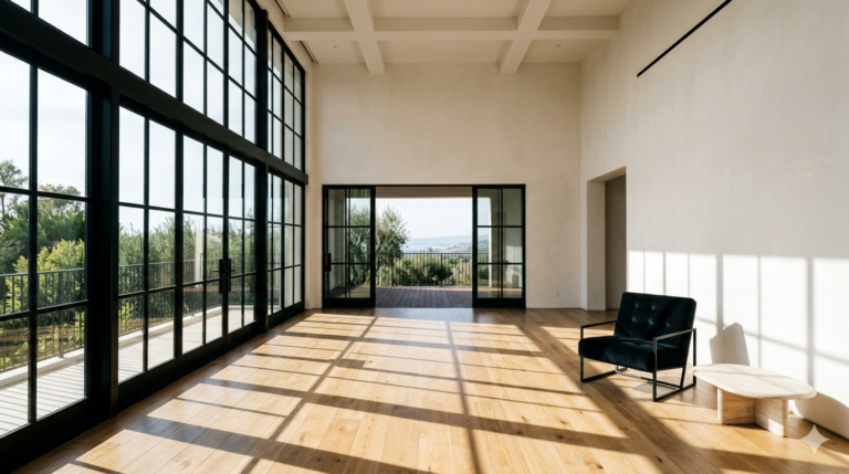A luxurious high-ceiling minimalist living room featuring matte white walls and industrial black window frames with natural light.