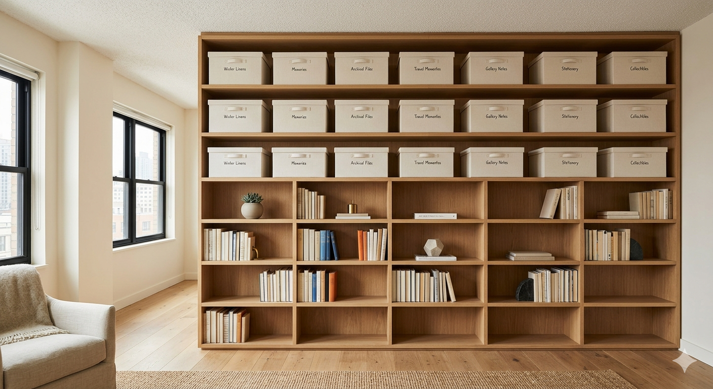 Smart storage solutions for NYC apartment — minimalist living room with intentional organization, warm natural light, and curated objects only