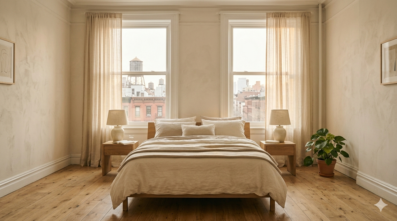 Rental bedroom showing how to feng shui your bedroom with symmetrical bedside tables, cleared surfaces, and a rounded-leaf plant