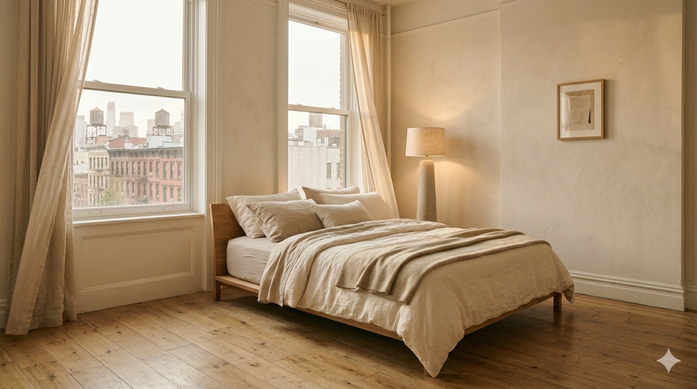 Calm minimal bedroom showing how to feng shui your bedroom with soft linen bedding and warm natural light in a rental apartment