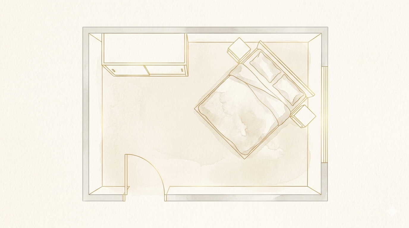 Feng shui bedroom layout diagram showing the commanding position with bed placed diagonally from the door in a rental apartment