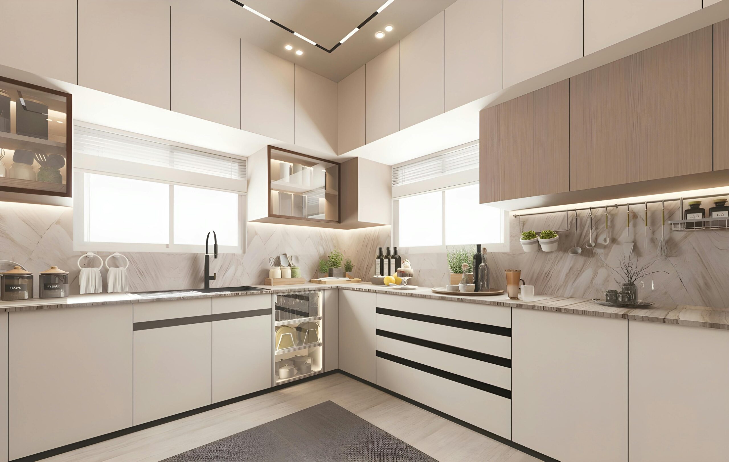 Honed marble peel and stick backsplash for renters in warm minimalist kitchen