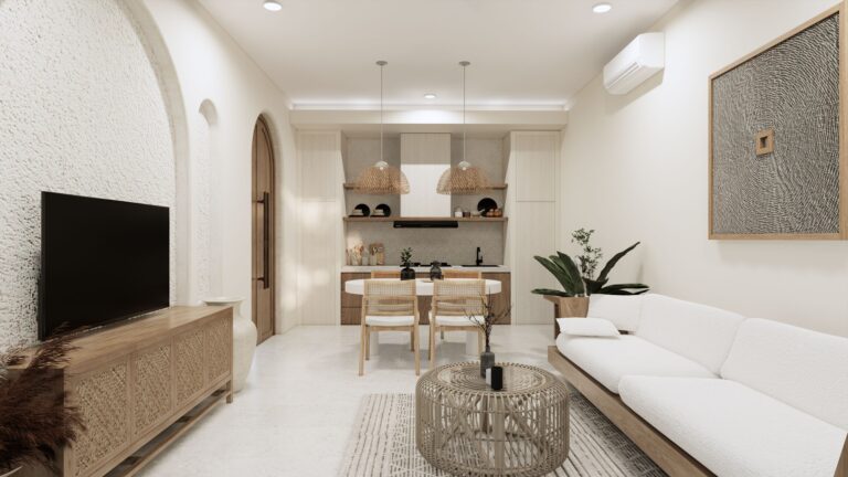 Minimalist small apartment living room with warm wooden furniture and neutral tones, representing CubeSmart self storage solutions for edited living spaces.