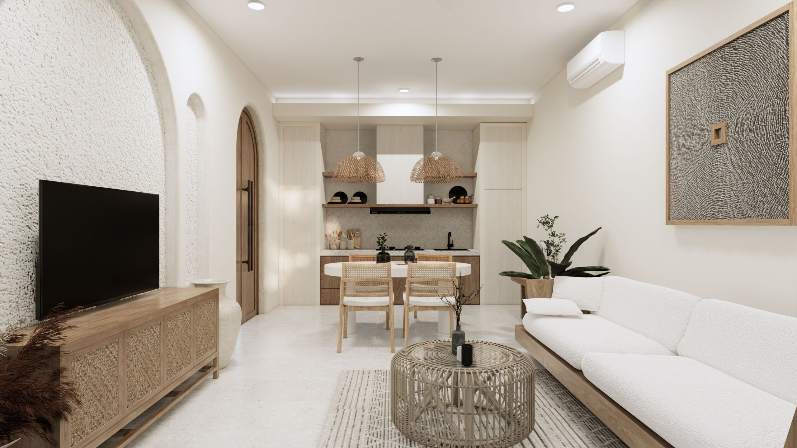 Minimalist small apartment living room with warm wooden furniture and neutral tones, representing CubeSmart self storage solutions for edited living spaces.