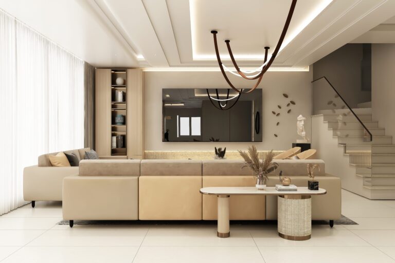 Modern beige living room setup in pet friendly apartments for rent featuring minimalist luxury decor.