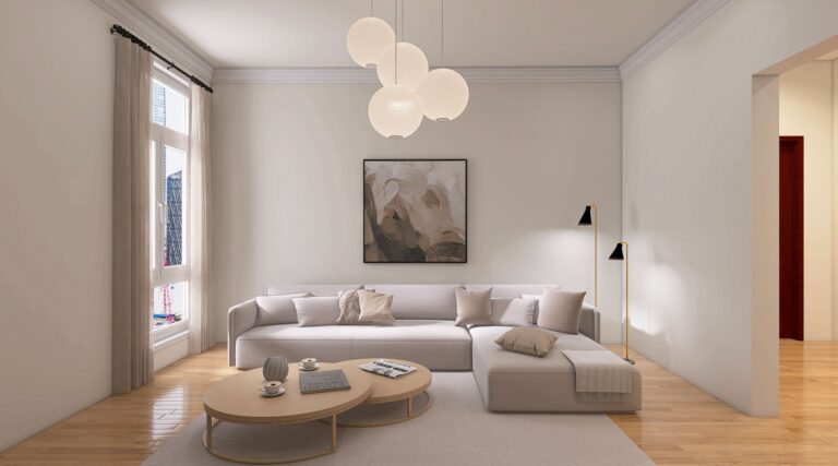 Modern neutral living room with quiet luxury furniture for hiring interior designers near me